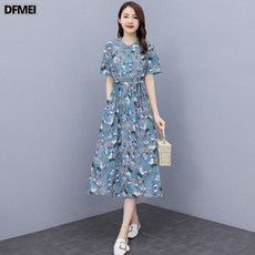 DFMEI 잔잔한 플라워 반팔 원피스 여 미디 키 작은 캐주얼 a라인 스커트