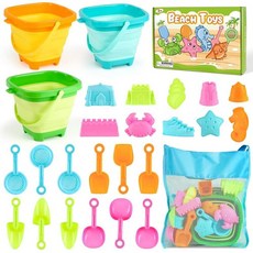 Dreamon 만 3-10세 아동용 해변 장난감 접이식 버킷 3팩 해변 몰드 및 삽 몰드 24개 여행용 샌드박스 해변 장난감 유아용 메시 백 포함, 메시 백 1개