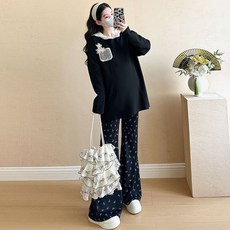 임산부 긴바지 투피스 세트 봄 가을 루즈핏 라운드넥 긴팔 티셔츠 + 와이드 팬츠 캐주얼 투피스 JS