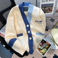 VUJN 優選大碼針織外套男法式慵懶風複古拚色V領毛衣開衫男女秋冬季寬鬆oversize針織外套