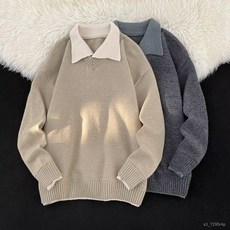 【臺灣發貨】氣質穿搭假兩件領毛衣男秋冬潮牌日係複古寬鬆針織衫青少年撞色休閒上衣潮流 顯瘦 百搭 RKM1031