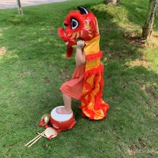 南獅幼兒表演道具舞獅子頭兒童醒獅頭舞獅獅子頭套裝小孩塑料玩具, 黃色獅子+獅被+鼓+鑼鑔,9寸6-13歲, 1個