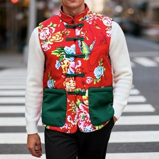 겨울 남성용 레드 프린트 보온 조끼 재킷 중국식 두꺼운 코트 면 외부 원단 폴리에스테르 안감 파카