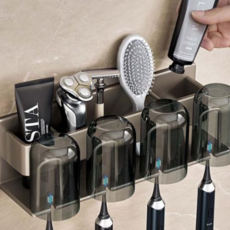 화장실 양치컵포함 치약 면도기 칫솔 꽂이 4구 그레이_WFJ2RY9, 그레이 4구