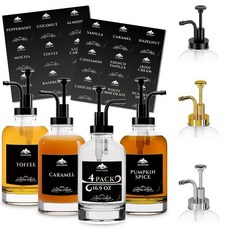 유리 시럽 디스펜서 4개 세트 500ml (16.9온스) - 18개의 표시 라벨이 있는 펌프 커피 디스펜서 누출 방지 쉬운 세척 - 커피 바를 위한 커피 필수품 | 파티 및, 4팩 시럽 디스펜서 세트 - 블랙