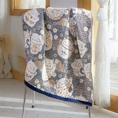 全棉純棉紗布浴巾 卡通兒童毛巾 四層紗布家用成人洗澡柔軟吸水, 1個, 藍色招財貓【紗佈浴巾 透氣不悶熱】,70X140CM【100%純棉】