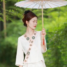 ORZQU 여름 여자 브이넥 7부소매 패치 자수 쇼트 개량한복