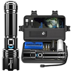 Shadowhawk 초강력 led 손전등 2000Lumen 매우 밝다 USB충전식 12H 항속 5000mAh 배터리 휴대용 랜턴 IP67방수5단 모드 캠핑 응급 등산 선박, 1세트, 블랙