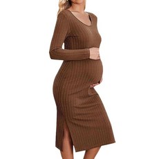 사이드 슬릿 리브 니트 임산부 드레스 긴팔 범프 핏 미디 드레스 바디콘 스웨터 드레스 베이비 샤워용 그린 L