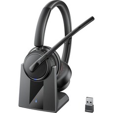 노이즈 캔슬링 마이크가 있는 Mopchnic 무선 헤드셋 USB 동글이 온이어 블루투스 음소거 기능 충전 베이스 재택근무 콜센터용 헤드폰 블랙