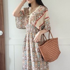 보리맘에스닉 브이넥 패턴 롱 원피스 여름 페이즐리 태교 해외 여행 룩 Hs476 159817