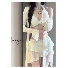 2025新款比基尼四件套泳衣女純欲風度假長袖防曬泡溫泉高級感, 海藍色 9569米色,M 【適合47.5-52.5kg】