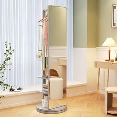 南投出貨 實木可旋轉全身穿衣鏡落地鏡 多功能衣帽架 臥室試衣鏡 置物架 女生臥室, 【寶馬灰】全實木底盤款