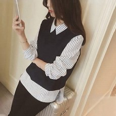 shiny藍格子 假兩件拼接設計長袖上衣，藍格子圖案，寬鬆舒適，百搭時尚