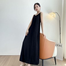 VVRR 여성 롱 브이넥 셔링 순색의 캐주얼 편한 나시 원피스 W0050902