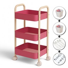 메종리케 철제 이동식 트롤리 서랍장 정리함 수납 주방 선반 이동용 수납장 다용도, 3단, 체리핑크+옐로우