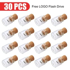 30개/묶음 무료 맞춤 로고 신형 드리프트 병 USB 2.0 플래시 드라이브 유리 나무 코르크 16GB 32GB 8GB U