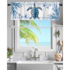 [ 1133622 ] 창문용 주방 밸런스 바다 거북 산호 불가사리 밸런스 커튼봉 포켓 블루 스트라이프 여름 해안 해상 짧은 커튼 창문 토퍼 침실 욕실 거실용 137.2 x 4