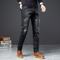 Dooppa Chloane 806 男式牛仔褲黑色牛仔褲日期修身版型男式黑色牛仔褲水洗划痕刺繡