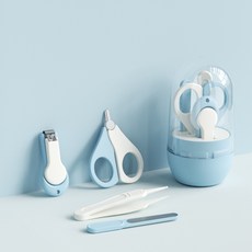 DFMEI 嬰兒指甲剪套裝寶寶指甲刀鉗防夾肉兒童剪刀新生兒用品收納卡通, 1個, 【藍】透明罐裝4件套:如圖