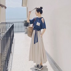 Yellwel 여성 봄가을 레이어드 원피스 세트 여름 롱 원피스 DJP