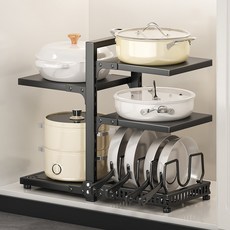 다단식 냄비 후라이팬 정리대 뚜껑 수납 높이조절 평판형 싱크대 하부 정리대, 블랙, 1개, 5단