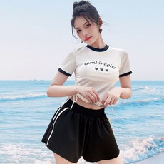 梨卡 兩件式泳裝 泳衣女 短袖泳衣 短褲泳裝 修身保守泳衣 海邊泳衣 CR967【現貨24H】, 【兩件式】黑色體重40-60KG-現貨馬