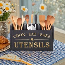 木製仿舊收納盒 廚房餐具筷勺整理盒 手提刀叉分類儲物盒 西餐廳適用, 黑色金字, 1個