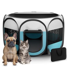 실내용 휴대용 고양이 놀이 울타리: 접이식 반려동물 울타리 소형견 실내 실외 지퍼 상단 커버 포함 - 팝업 강아지 새끼 텐트 상자 케이지 켄넬 케이스 (블루/화이트), 실내용 휴대용 고양이 놀이 울타리: 접이식 반려동물 울