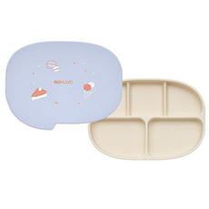 모윰 유아용 실리콘 초강력 5구 흡착식판+간식 접시 겸용 뚜껑 세트, 파랑, 식판 + 뚜껑, 1세트