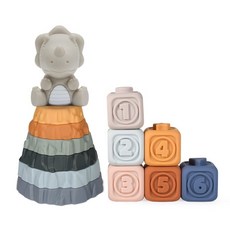 嬰幼兒益智積木認知浮雕方塊軟積木疊疊樂搪膠軟膠積木玩具, 三角龍火山圈6層+方塊6個（彩盒）, 1個