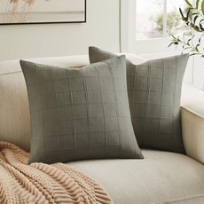 ZeeMart 리넨 체크 요추 장식용 쿠션 커버 2개 세트 30.5x50.8cm(12x20인치) 전체 그리드 토프 농가 장식 양면 자수 소파 베개 토프 면 187368 85, 올리브/크림