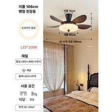 빈티지 천장실링팬조명 거실실링팬 천장 선풍기 호두나무 엔틱 공기순환 36인치, 42 106cm 오프라인 음성 제어
