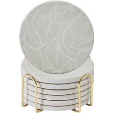 세라믹 흡수성 컵받침 6개 세트 홀더 포함 커피 테이블용 대리석 음료 컵받침 수분 흡수 스톤 컵받침 (임프레션), Leaf