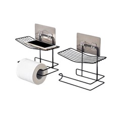 화장실 타고없는 강력스티커부착 심플와이어 화장지걸이겸용 선반 흡착휴지걸이 휴지, 블랙