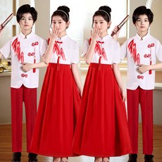 兒童表演服 閤唱服 朗誦紅歌 萬疆 演出服裝 男女童 舞蹈禮服 小學生, 盤扣女款短袖 送珍珠頭飾 中國結,180