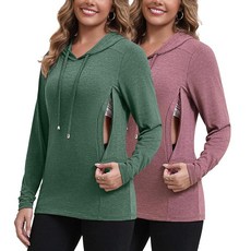 GINKANA 2팩 여성용 수유 스웨트셔츠 후디 긴소매 셔츠 드로스트링 숨겨진 지퍼 모유 펌핑 탑 그린/버건디 레드 S 120735