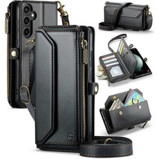 삼성 갤럭시 S23 울트라 5G RFID 차단 10개 카드 홀더 소프트 PU 가죽 자석 스냅 스트랩 지퍼 포켓 폰 케이스 울트라에 적합 - 브라운 크로스바디 지갑