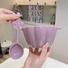 JEDU 臺灣出貨 奶fufu雙耳小南瓜陶瓷甜品碗 湯碗 早餐碗 飯碗 麵碗 家用高顔值餐具, 1個, 紫色【星星勺+小南瓜】兩件套