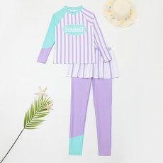 오르웨인 여아 래쉬가드 세트 키즈 수영복 퍼플 스트라이프 치마레깅스