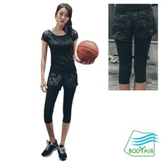 BODYAIR 假兩件彈力迷彩七分褲 (瑜珈 運動 慢跑 透氣 舞蹈 運動褲)