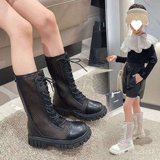 臺灣熱銷 女童長靴2025夏季薄款網麵鏤空長筒靴中大童韓版時尚走秀馬丁網靴, 黑色【Y-7星黛露裝飾】,內長22.4cm 36