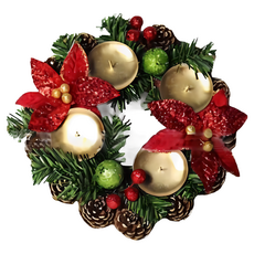 佳音書坊聖誕花環，待降節裝飾，松果五孔燭台，聖誕用品，節慶裝飾, 紅色和綠色, 1個