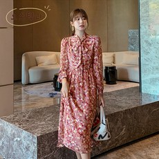 오스틱니 여성 봄가을 플라워 쉬폰 빈티지 디자인 원피스