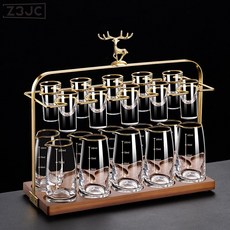 Z3JC 水晶玻璃白酒杯分酒器家用喝酒杯子套裝帶刻度酒具輕奢一口杯高檔, 1個, 【10壺10杯麋鹿架】金邊分酒器100ml+金邊酒杯:如圖