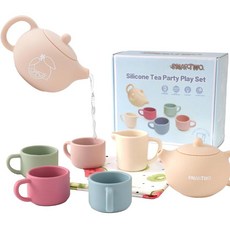 Smartwo 0개월 이상 유아용 실리콘 티 세트 아동용 실제 또는 놀이 티 파티 세트 무독성 주방 장난감 어린 소녀 소년에게 적합한 귀여운 모란디 어린이 선물 세탁 가능, Smartwo 0개월 이상 유아용 실리콘 티 세트, 아