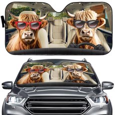 Generic 재미있는 Vizsla 강아지 운전 자동 햇빛 가리개 자동차 앞유리 창문 커버 멋진 선바이저 UV 프로텍터 가리개 트럭 차량 SUV 밴 동물 장식 차량을 시, Highland Cow