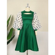 Plus Size Green Dress Women Party Cut Out Polka Dots Sleeve Robe Patchwork A Line Flared Swing Brigh