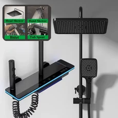 샤워 수도꼭지 시스템 욕실 피아노 키 4 가지 방식 물 배출구 럭셔리 세트 LED 조명 스마트 온도 디스플레, 01 China Mainland, 06 Black B