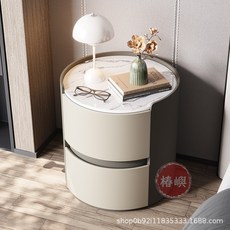 椿嶼 意式岩板實木圓形床頭櫃 輕奢儲物櫃 臥室床邊櫃, 卡其色【莎羅蘭黑巖板】,40x40x50cm, 1個